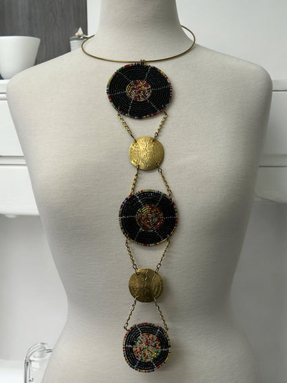 Unique Handcrafted African Black Beaded Necklace with Brass Medallions - Fatisha Boutique