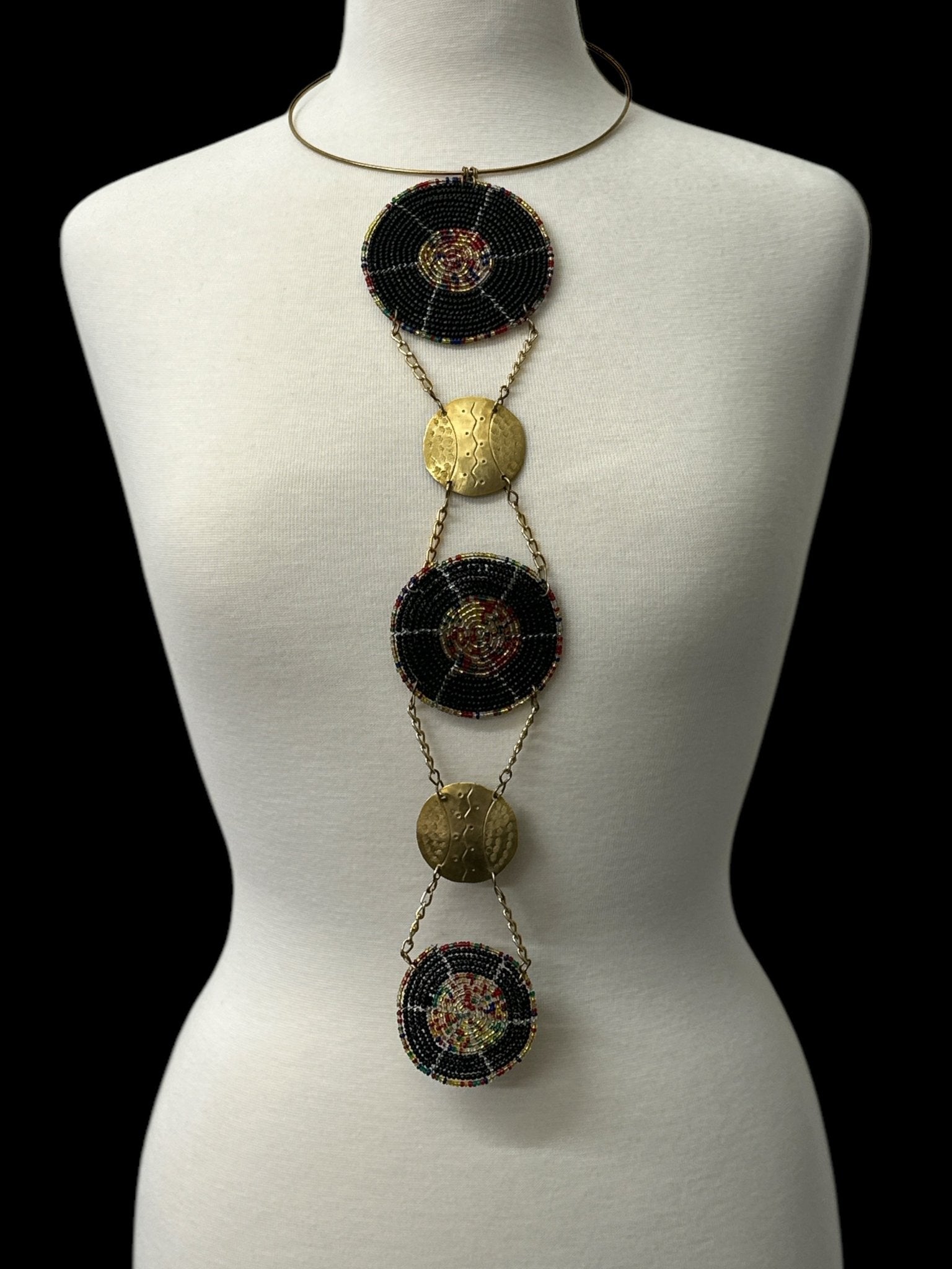 Unique Handcrafted African Black Beaded Necklace with Brass Medallions - Fatisha Boutique