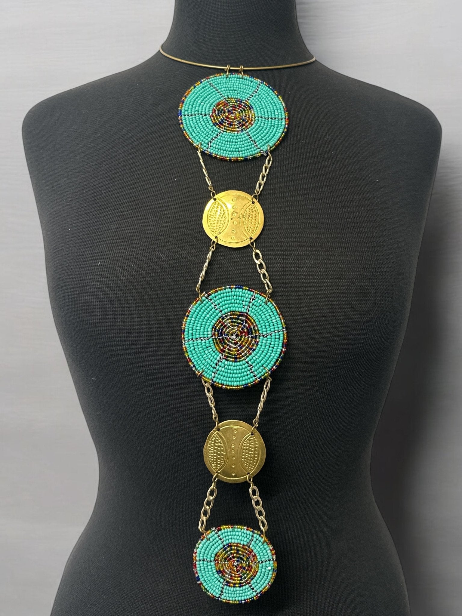 Unique Handcrafted African Green Beaded Necklace with Brass Medallions - Fatisha Boutique