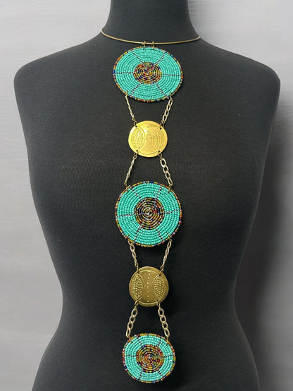 Unique Handcrafted African Green Beaded Necklace with Brass Medallions - Fatisha Boutique