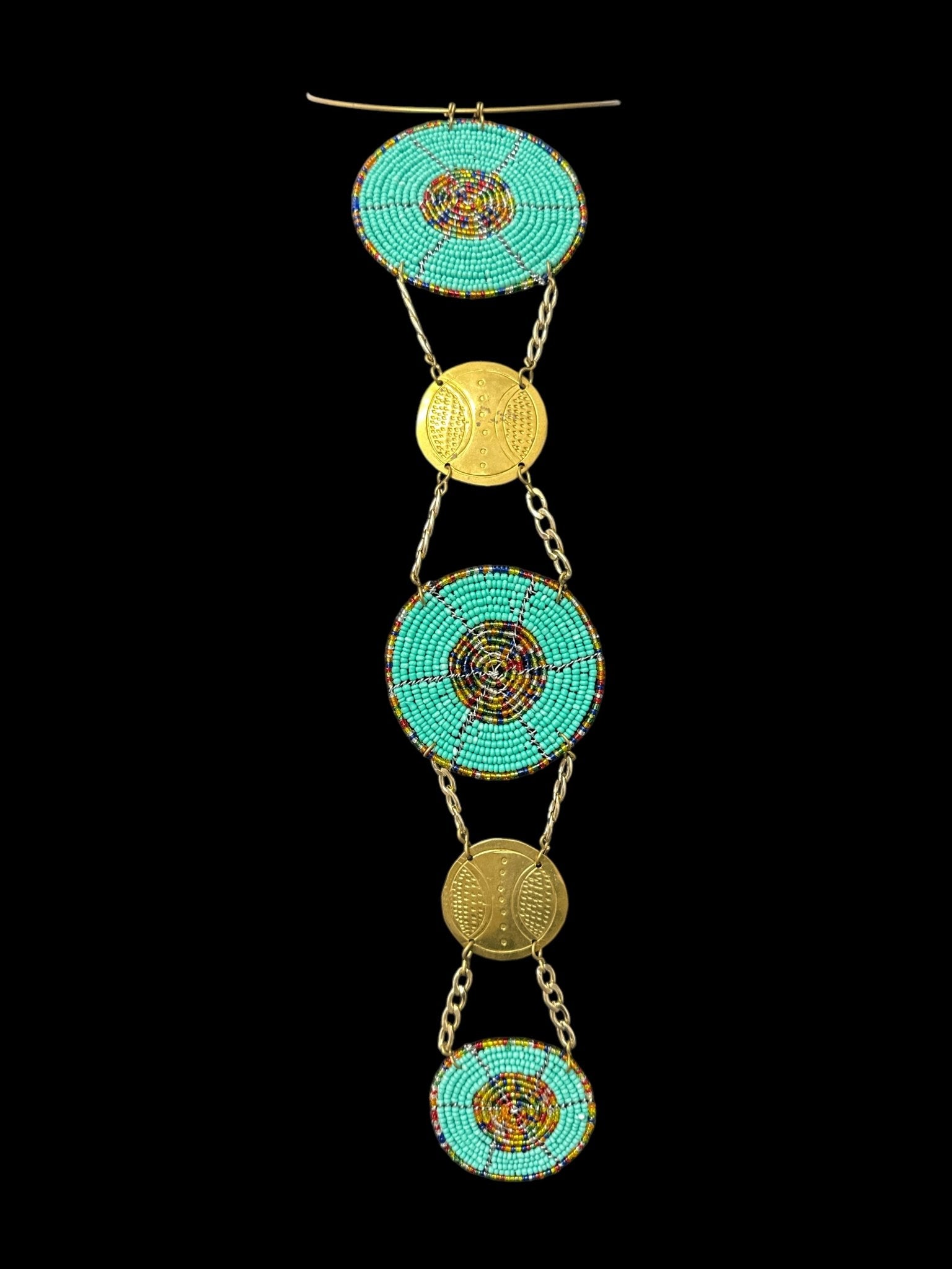 Unique Handcrafted African Green Beaded Necklace with Brass Medallions - Fatisha Boutique