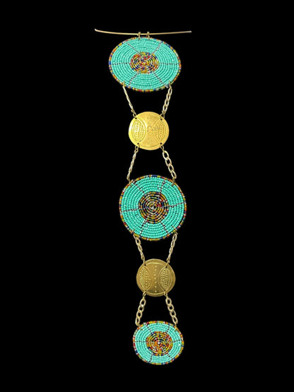 Unique Handcrafted African Green Beaded Necklace with Brass Medallions - Fatisha Boutique