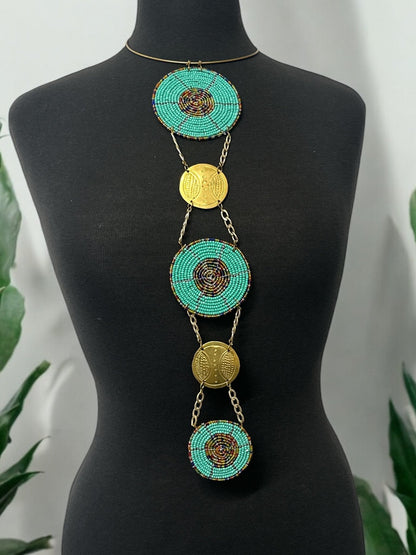 Unique Handcrafted African Green Beaded Necklace with Brass Medallions - Fatisha Boutique