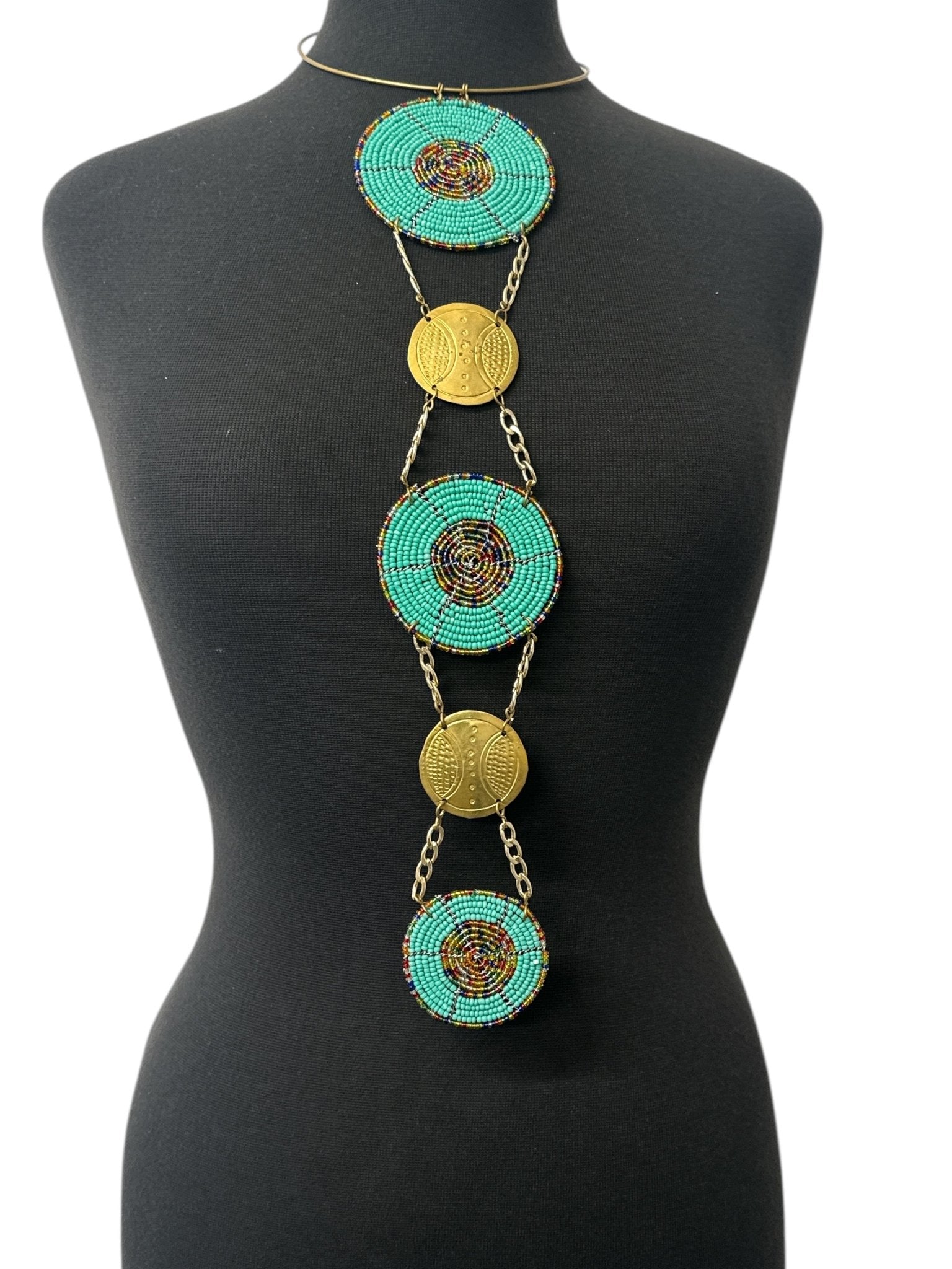 Unique Handcrafted African Green Beaded Necklace with Brass Medallions - Fatisha Boutique