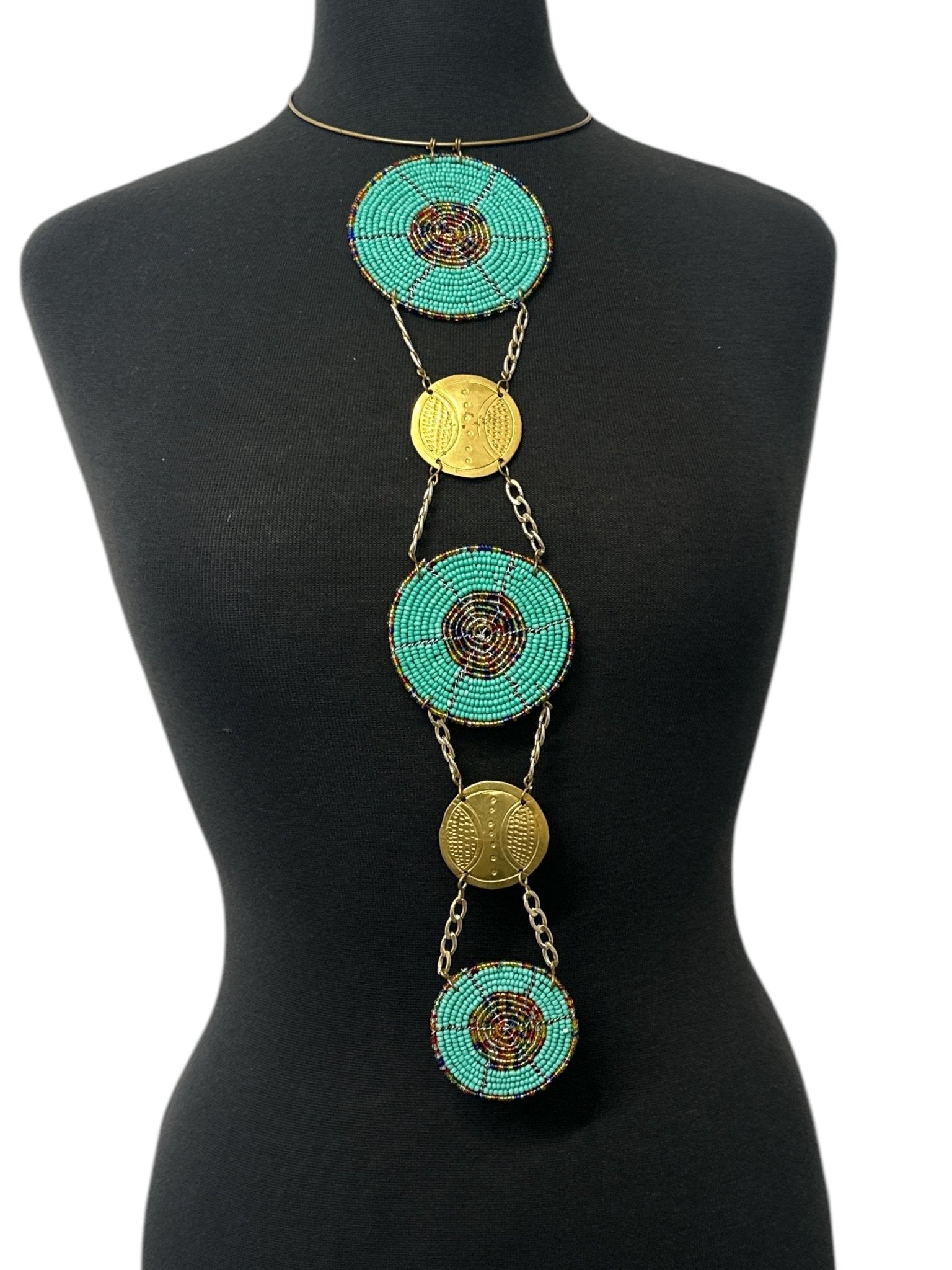 Unique Handcrafted African Green Beaded Necklace with Brass Medallions - Fatisha Boutique