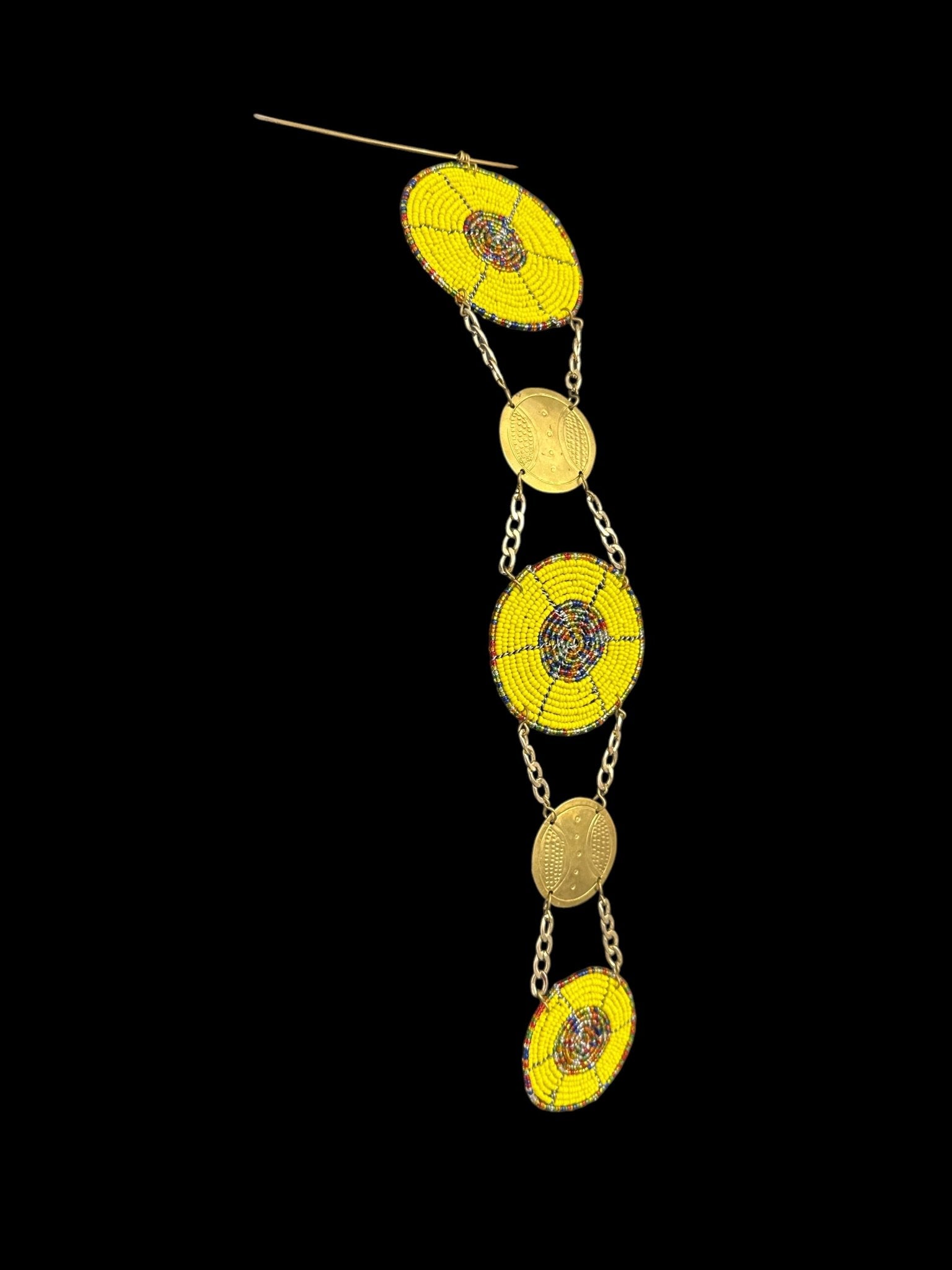Unique Handcrafted African Yellow Beaded Necklace with Brass Medallions - Fatisha Boutique
