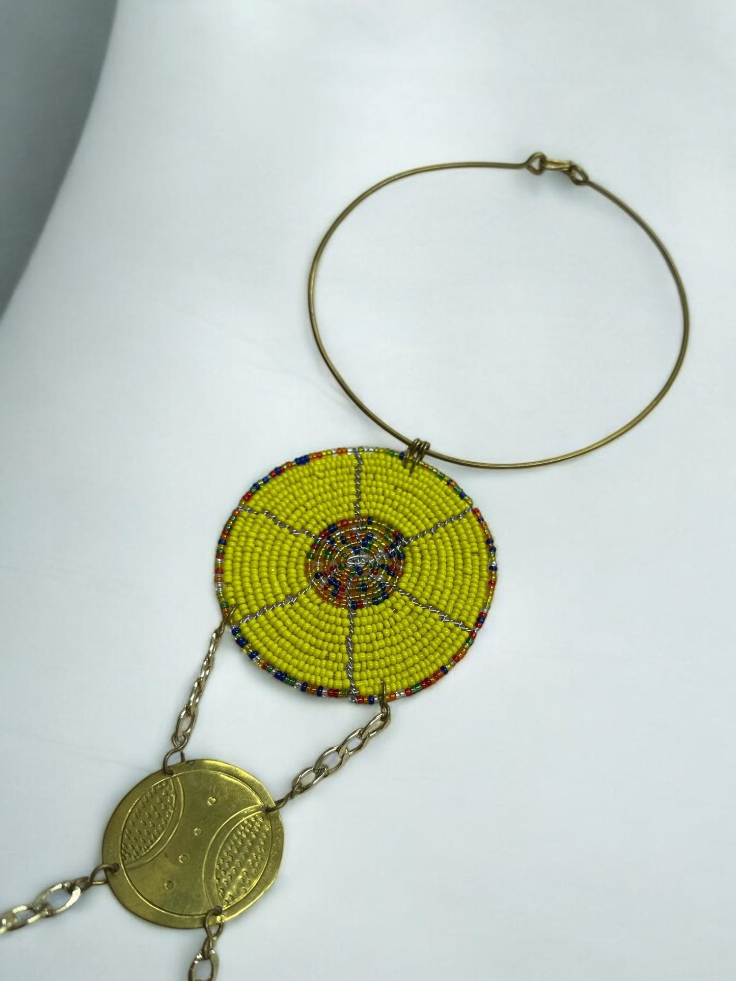 Unique Handcrafted African Yellow Beaded Necklace with Brass Medallions - Fatisha Boutique