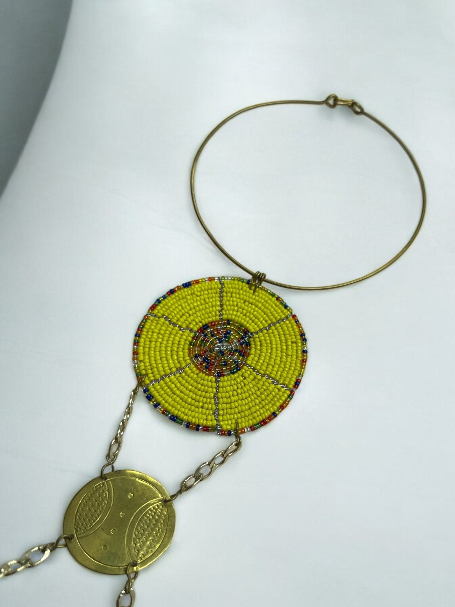 Unique Handcrafted African Yellow Beaded Necklace with Brass Medallions - Fatisha Boutique