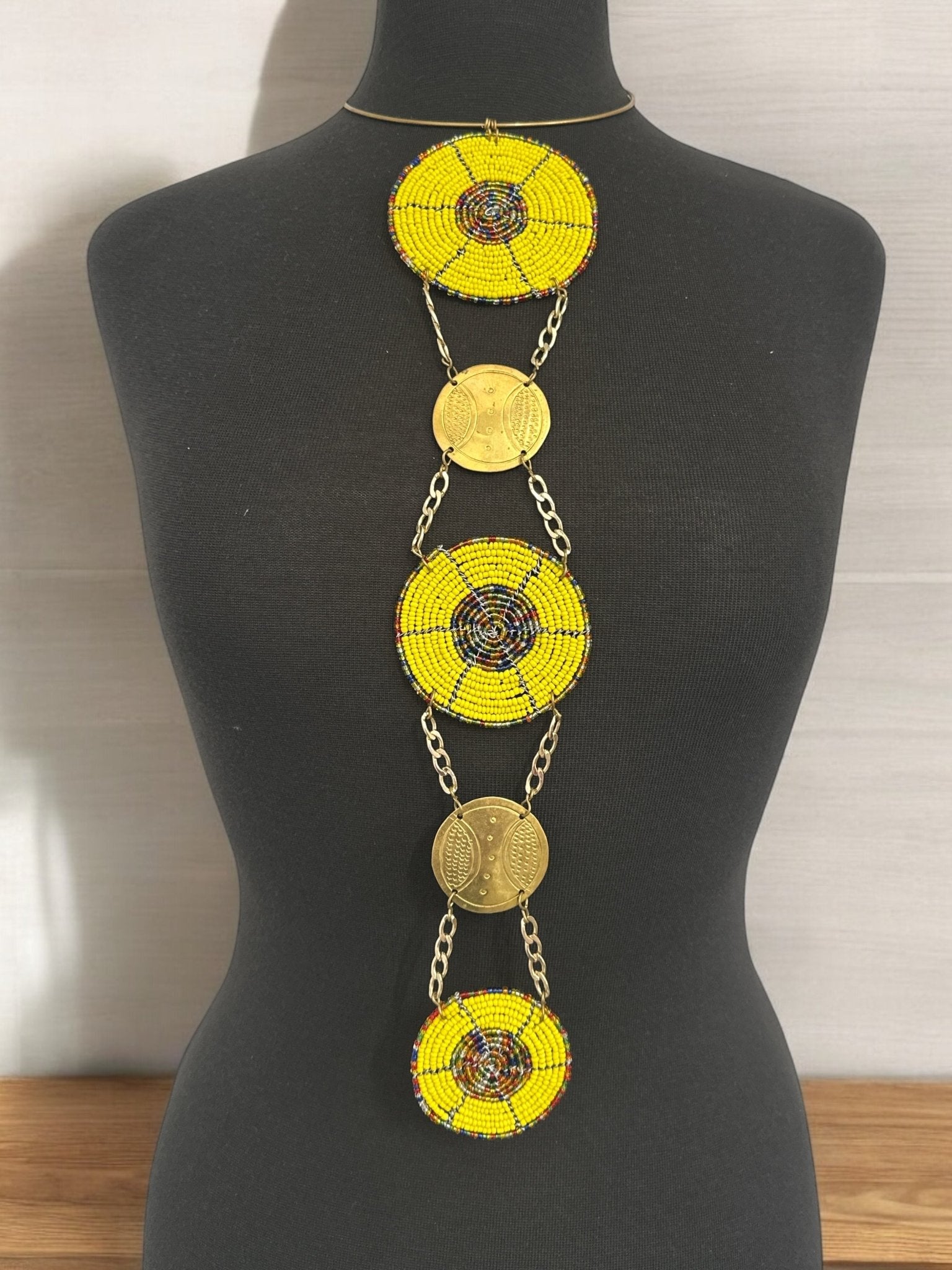Unique Handcrafted African Yellow Beaded Necklace with Brass Medallions - Fatisha Boutique