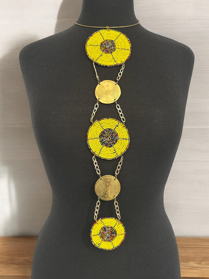 Unique Handcrafted African Yellow Beaded Necklace with Brass Medallions - Fatisha Boutique