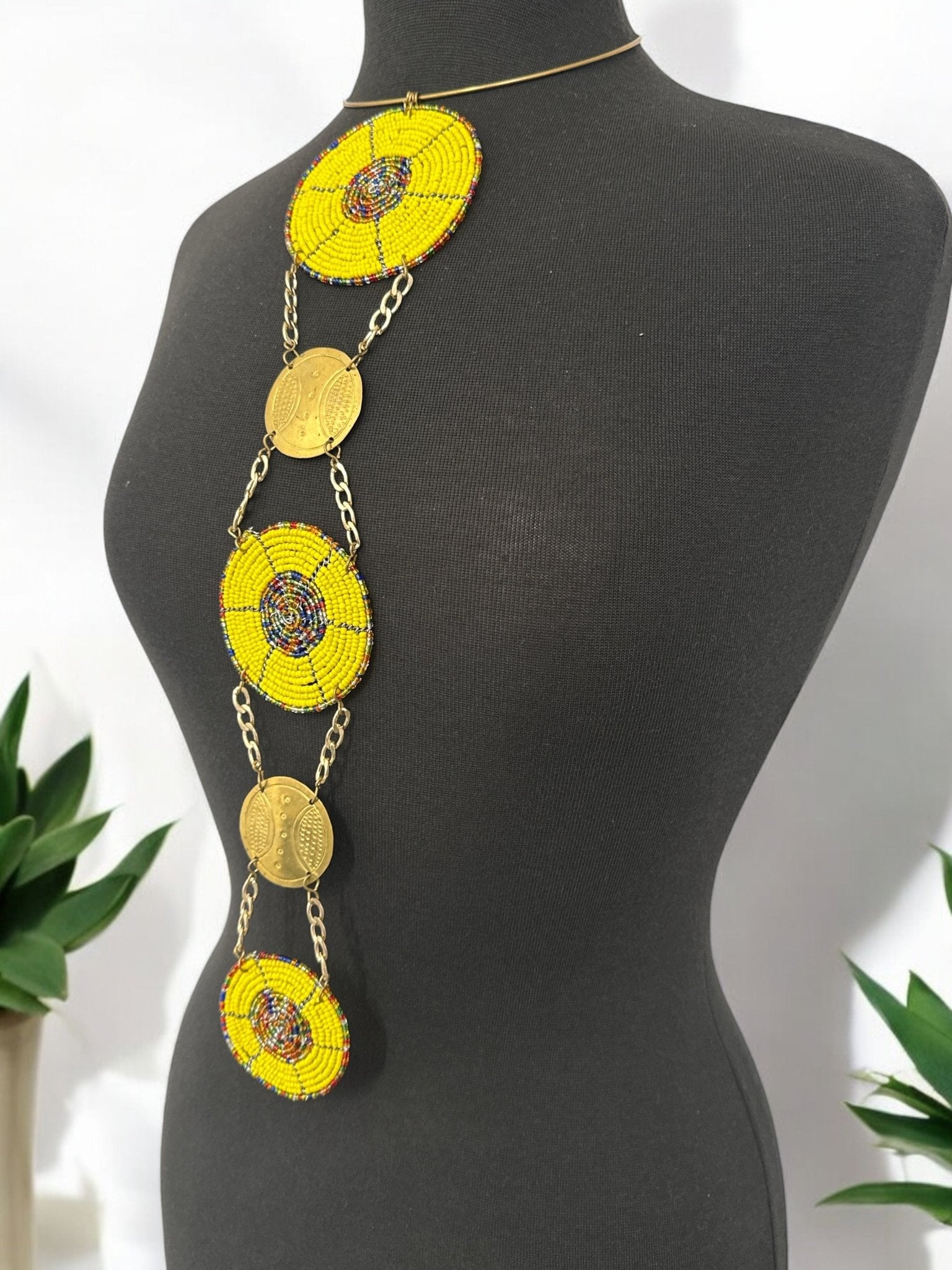 Unique Handcrafted African Yellow Beaded Necklace with Brass Medallions - Fatisha Boutique
