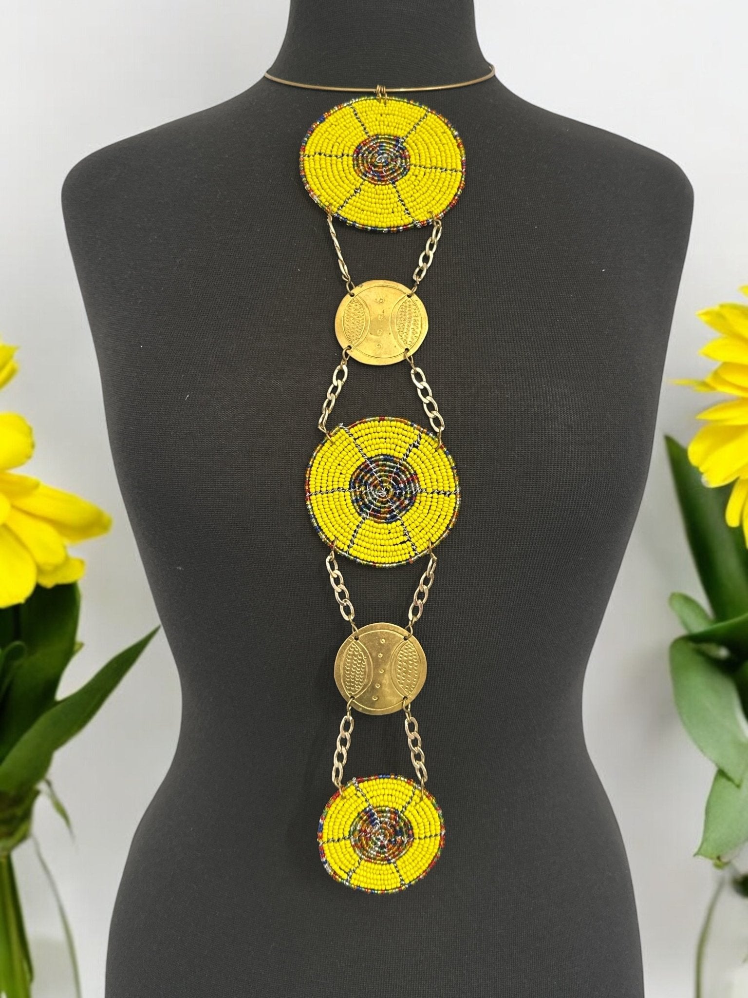 Unique Handcrafted African Yellow Beaded Necklace with Brass Medallions - Fatisha Boutique
