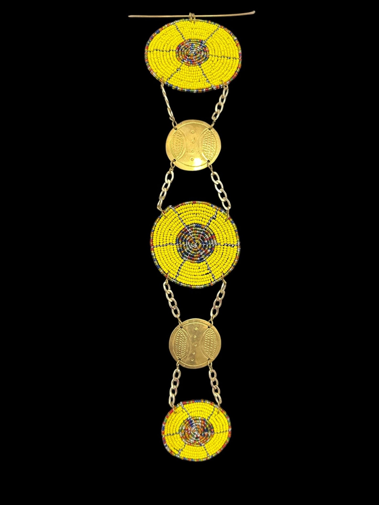 Unique Handcrafted African Yellow Beaded Necklace with Brass Medallions - Fatisha Boutique