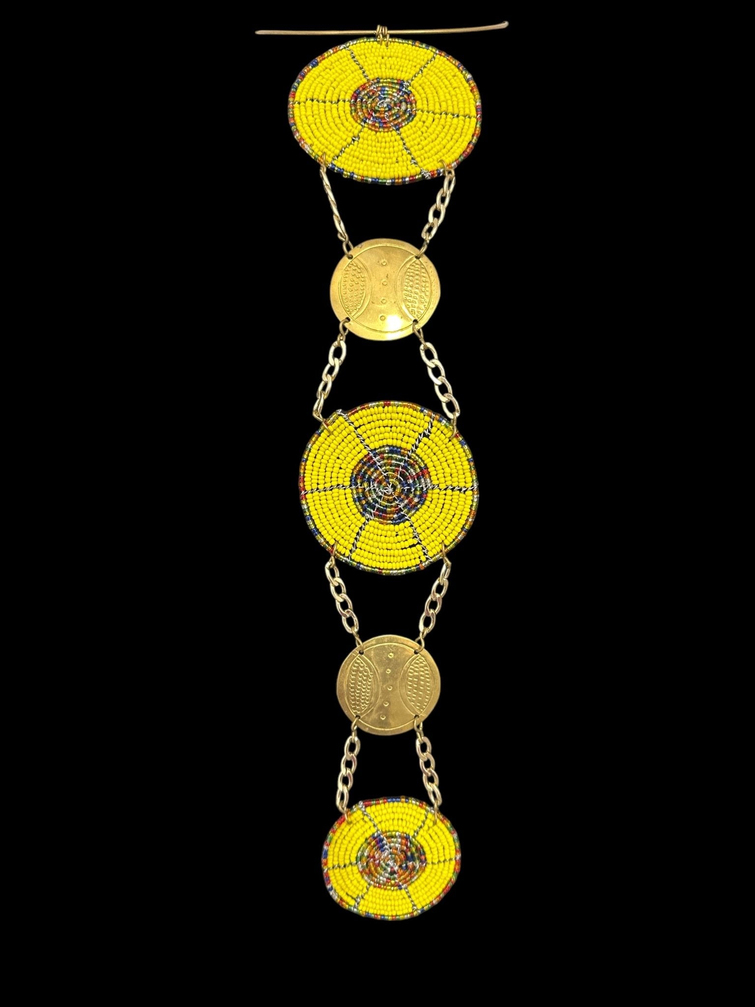 Unique Handcrafted African Yellow Beaded Necklace with Brass Medallions - Fatisha Boutique