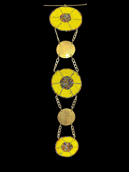 Unique Handcrafted African Yellow Beaded Necklace with Brass Medallions - Fatisha Boutique