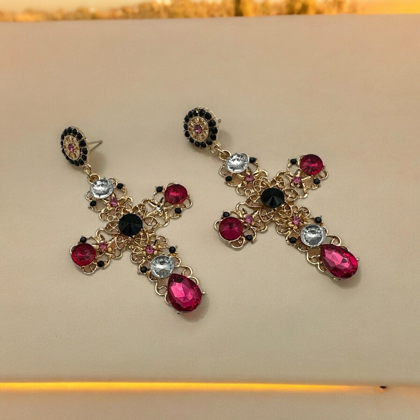 Vintage Baroque Cross Dangle Earrings – Elegant Gothic Statement Jewellery - Fatisha Boutique