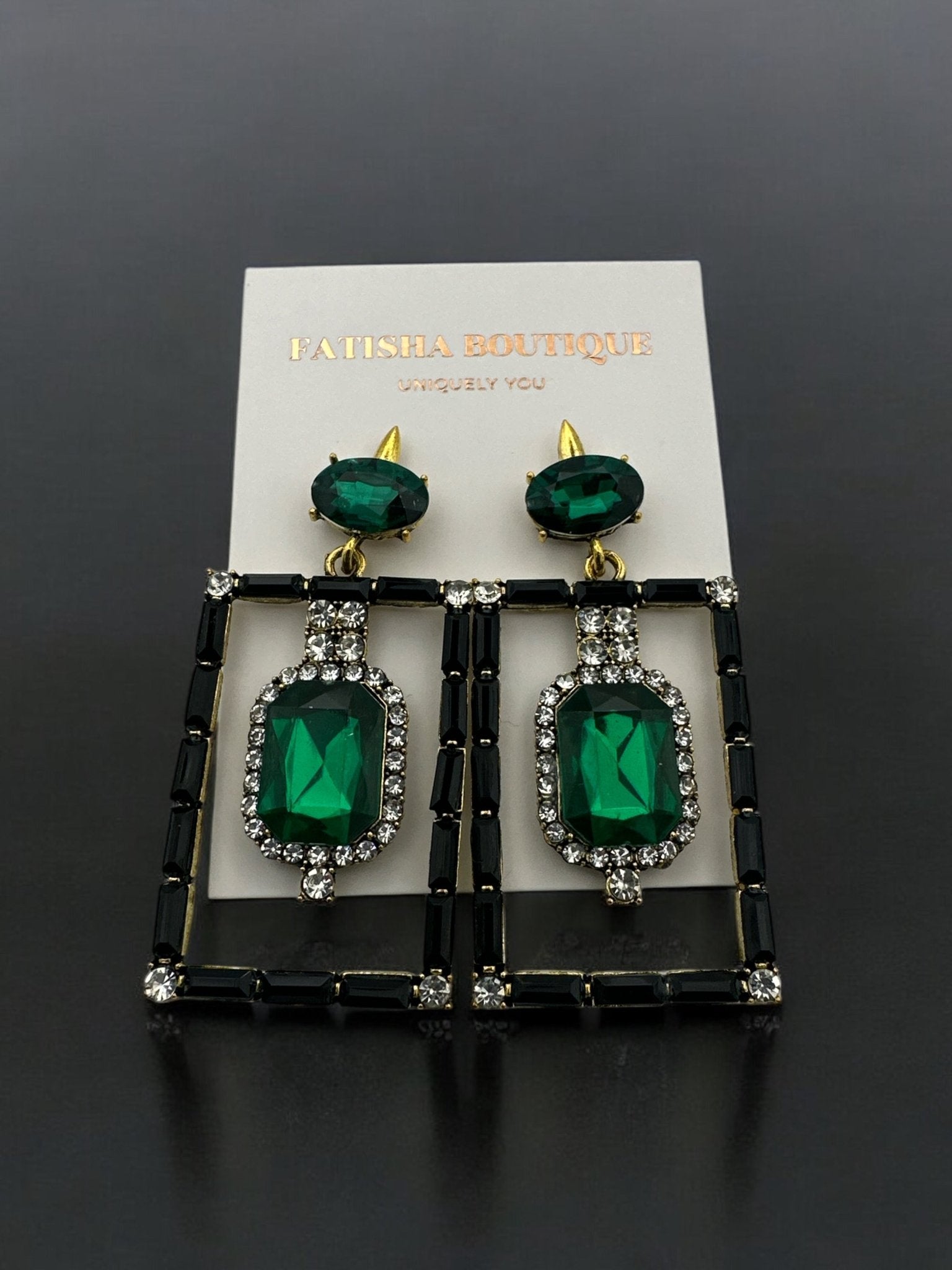 Vintage - Inspired Rectangular Gemstone Statement Glam Earrings - Fatisha Boutique