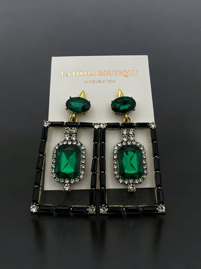 Vintage - Inspired Rectangular Gemstone Statement Glam Earrings - Fatisha Boutique
