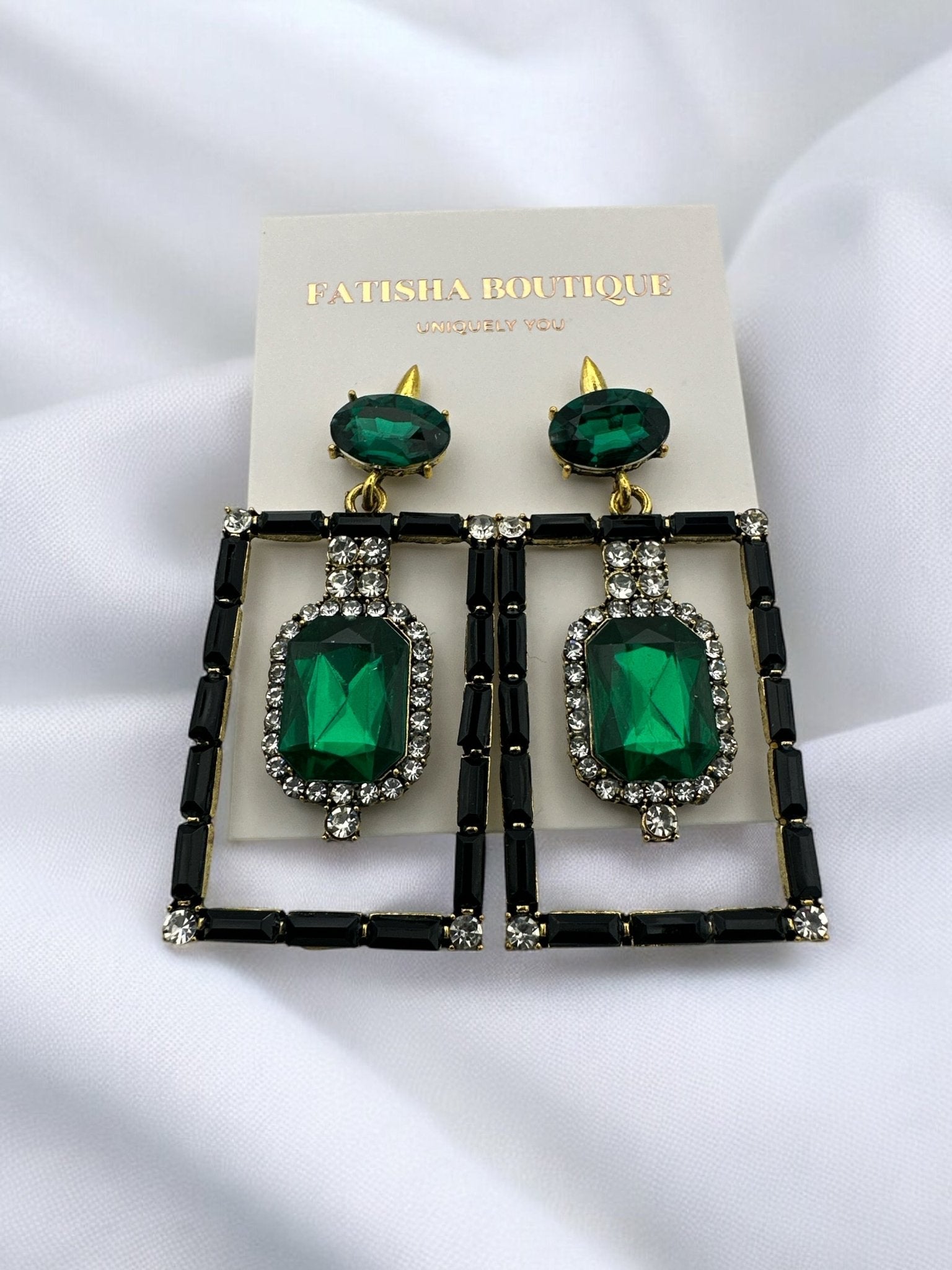 Vintage - Inspired Rectangular Gemstone Statement Glam Earrings - Fatisha Boutique