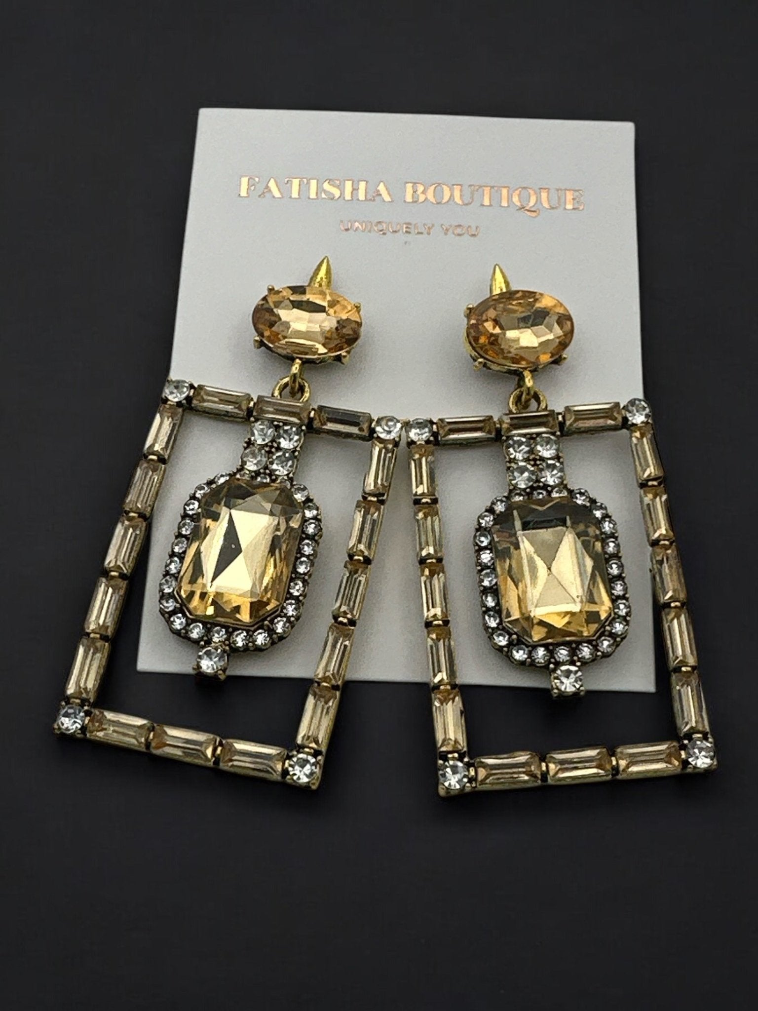 Vintage - Inspired Rectangular Gemstone Statement Glam Earrings - Fatisha Boutique