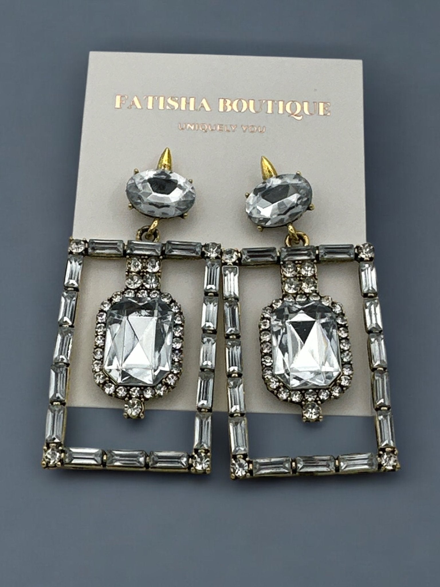 Vintage - Inspired Rectangular Gemstone Statement Glam Earrings - Fatisha Boutique