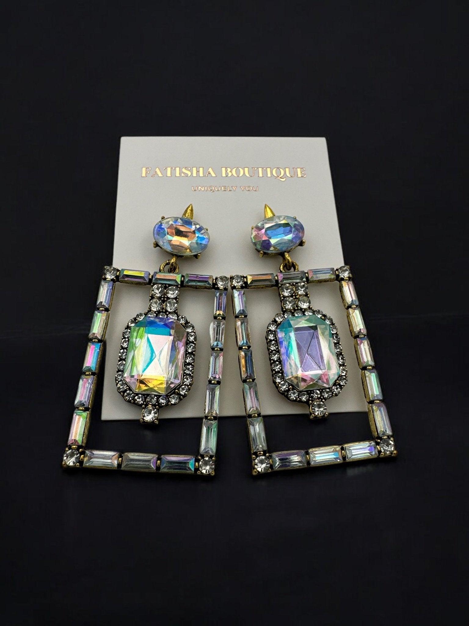 Vintage - Inspired Rectangular Gemstone Statement Glam Earrings - Fatisha Boutique