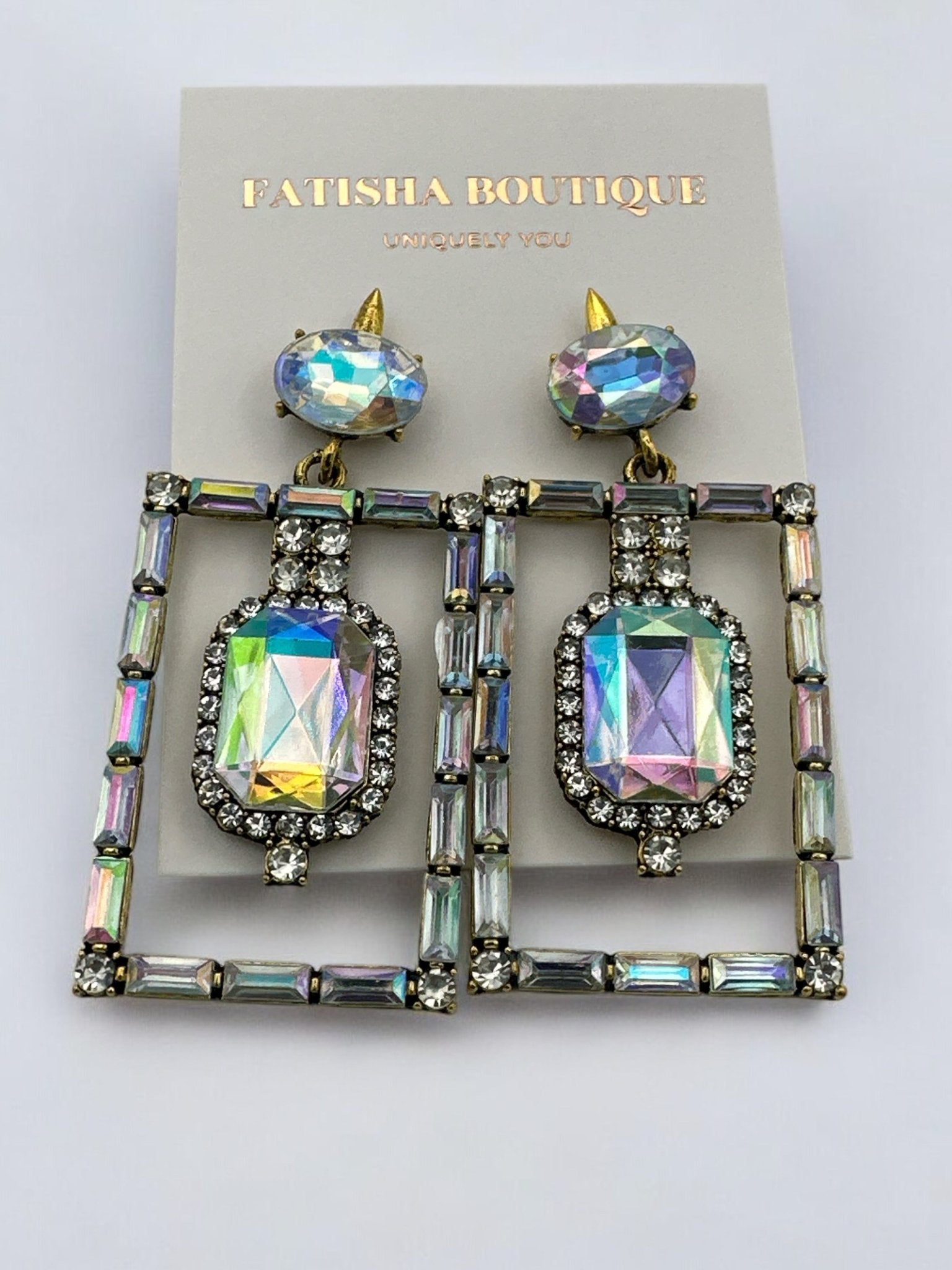 Vintage - Inspired Rectangular Gemstone Statement Glam Earrings - Fatisha Boutique