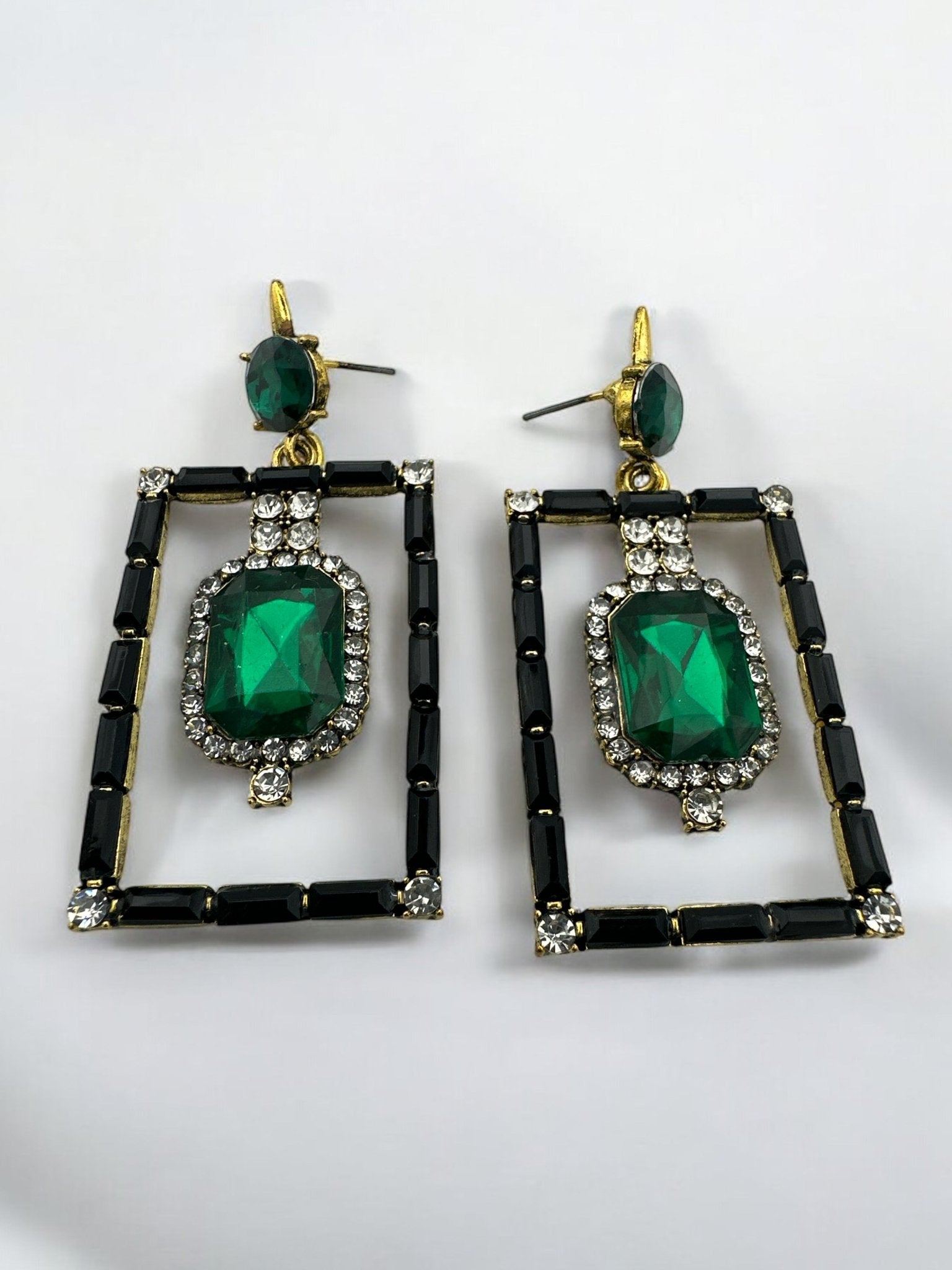 Vintage - Inspired Rectangular Gemstone Statement Glam Earrings - Fatisha Boutique