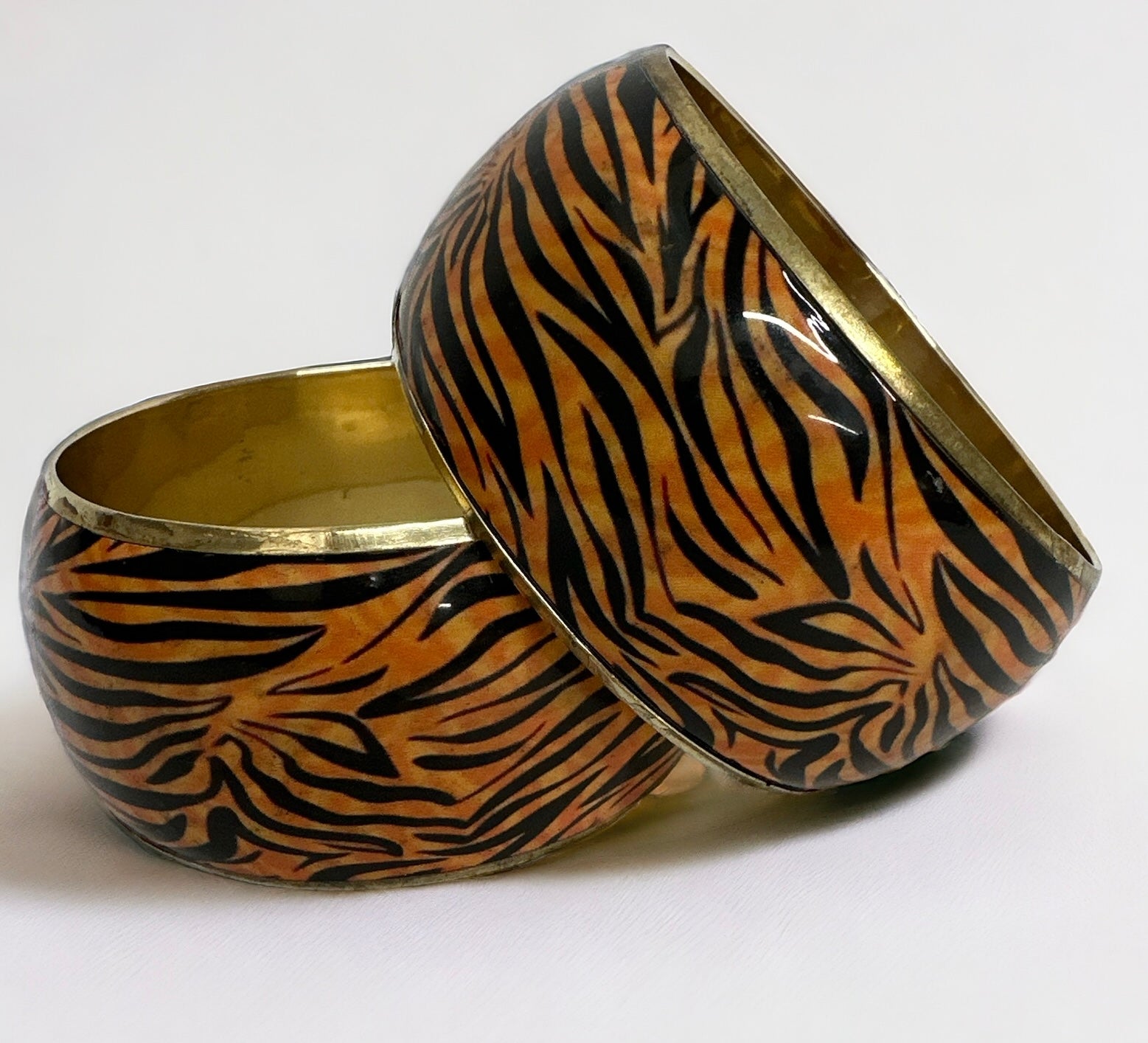 Wide Chunky Tiger Print Ethnic Wooden Brass Bangle Bracelets - Fatisha Boutique