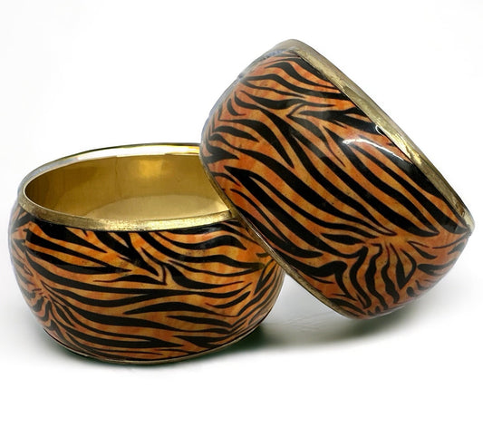 Wide Chunky Tiger Print Ethnic Wooden Brass Bangle Bracelets - Fatisha Boutique