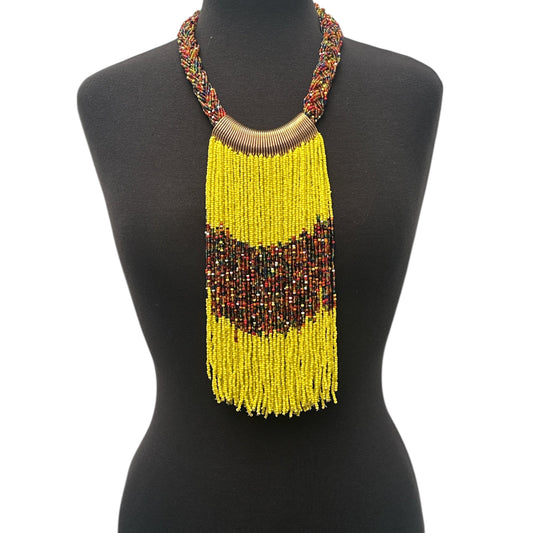 Yellow African Beaded Necklace – Handmade Ethnic Fringe Jewellery - Fatisha Boutique