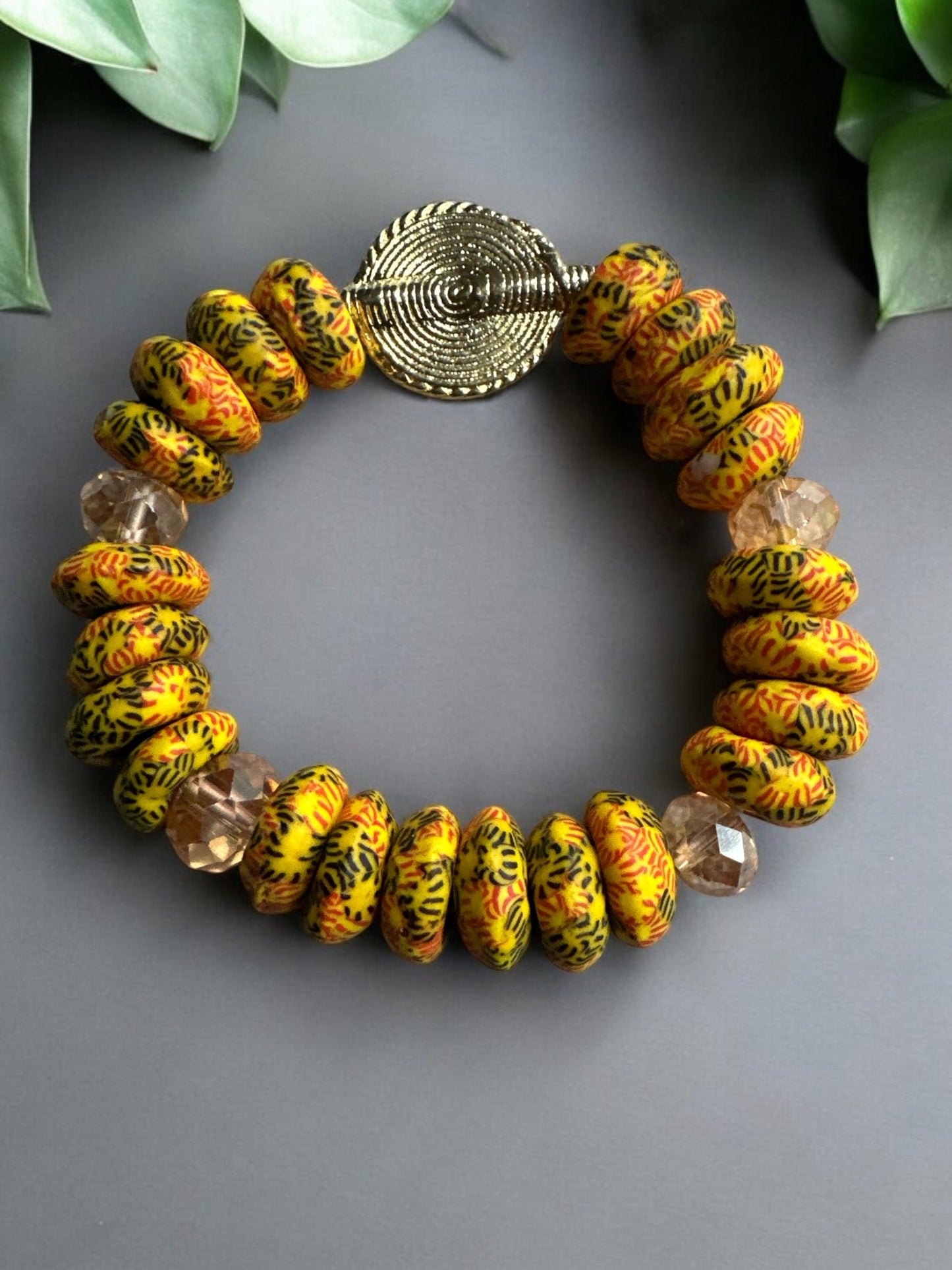 Yellow Krobo Beads Brass Ethnic Bracelet - Fatisha Boutique