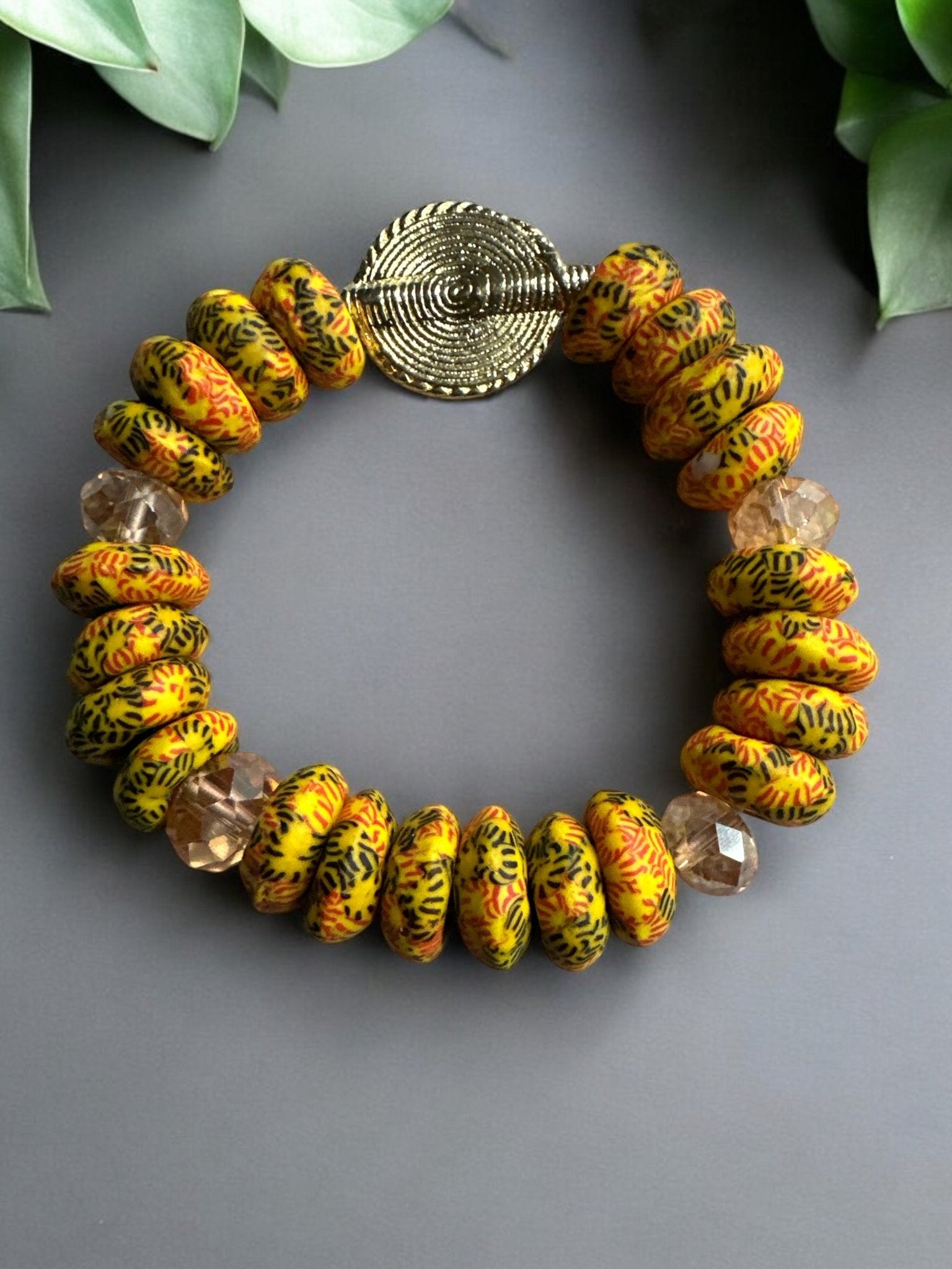 Yellow Krobo Beads Brass Ethnic Bracelet - Fatisha Boutique
