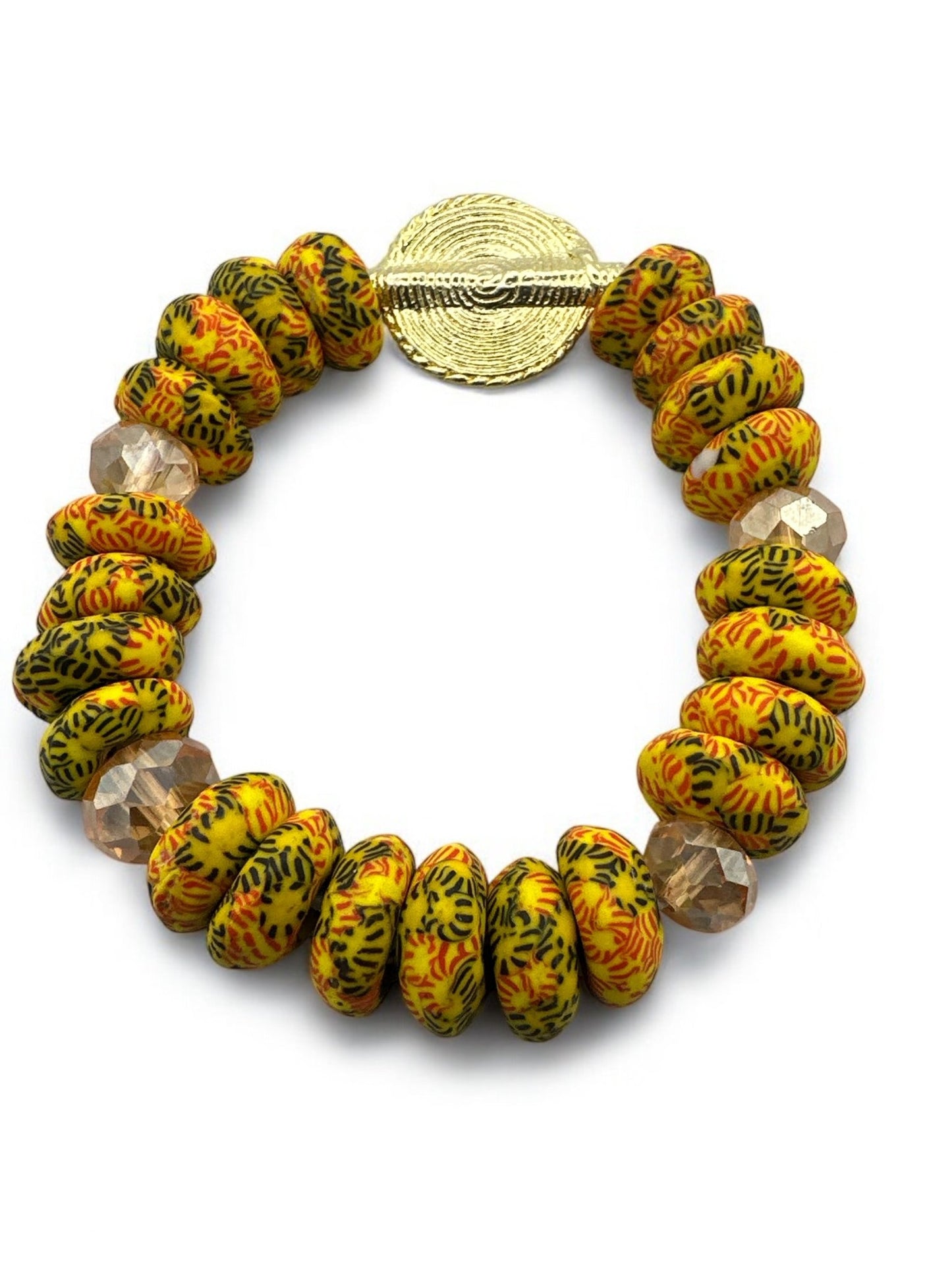 Yellow Krobo Beads Brass Ethnic Bracelet - Fatisha Boutique
