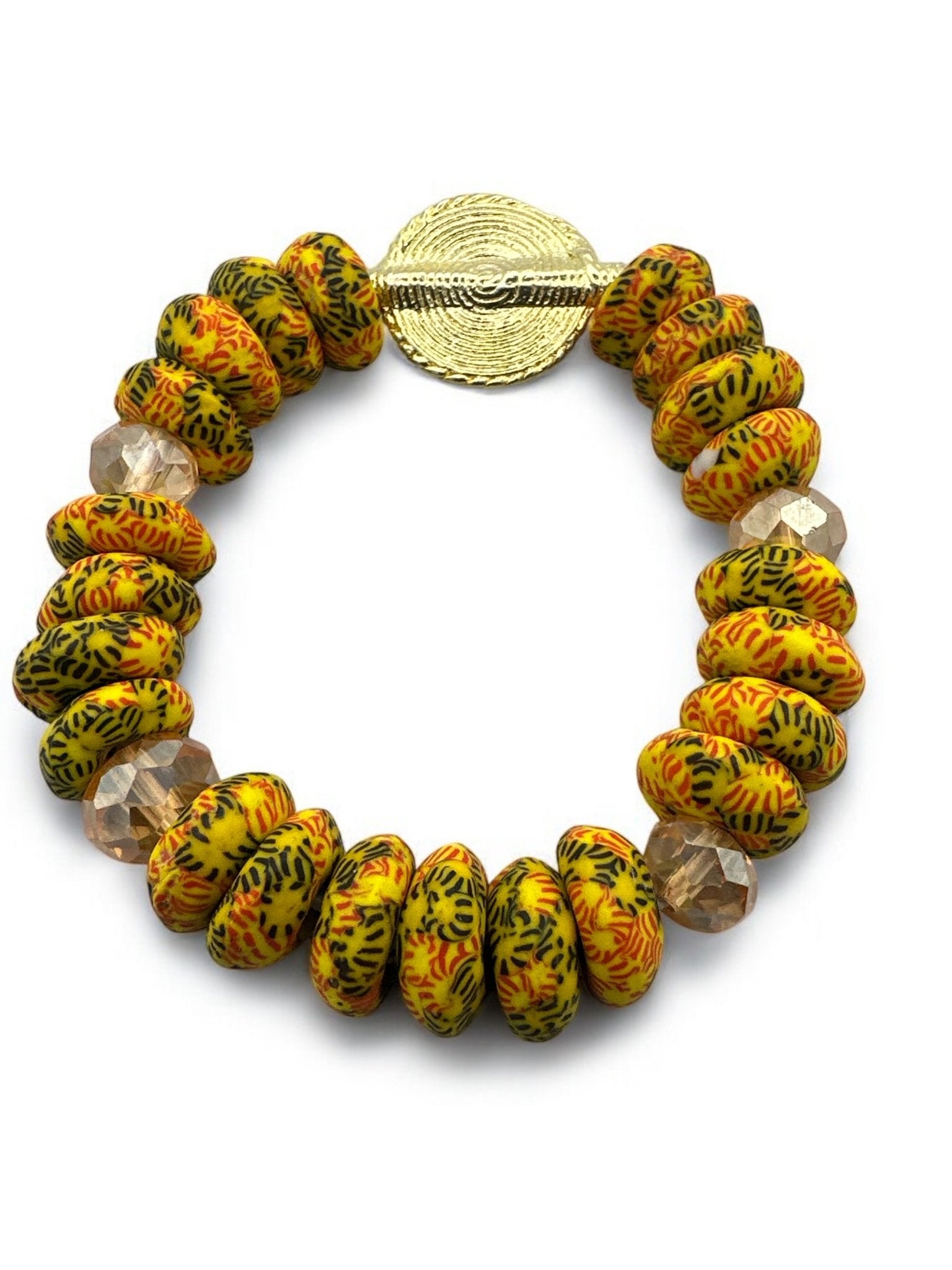 Yellow Krobo Beads Brass Ethnic Bracelet - Fatisha Boutique