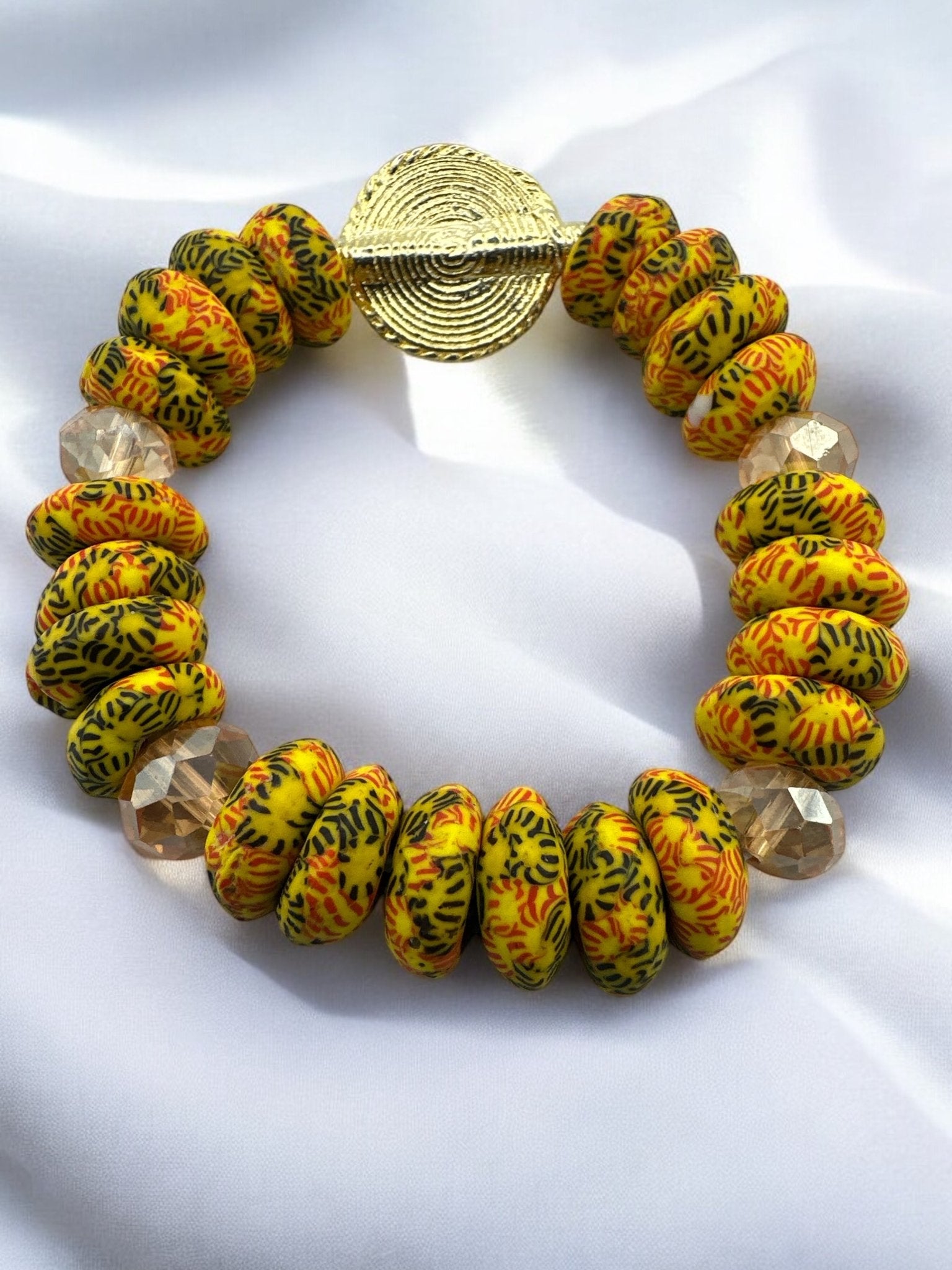Yellow Krobo Beads Brass Ethnic Bracelet - Fatisha Boutique
