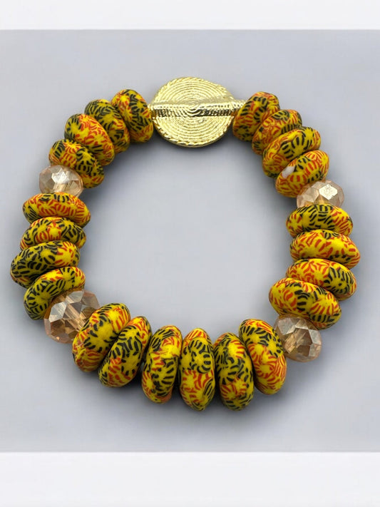 Yellow Krobo Beads Brass Ethnic Bracelet - Fatisha Boutique
