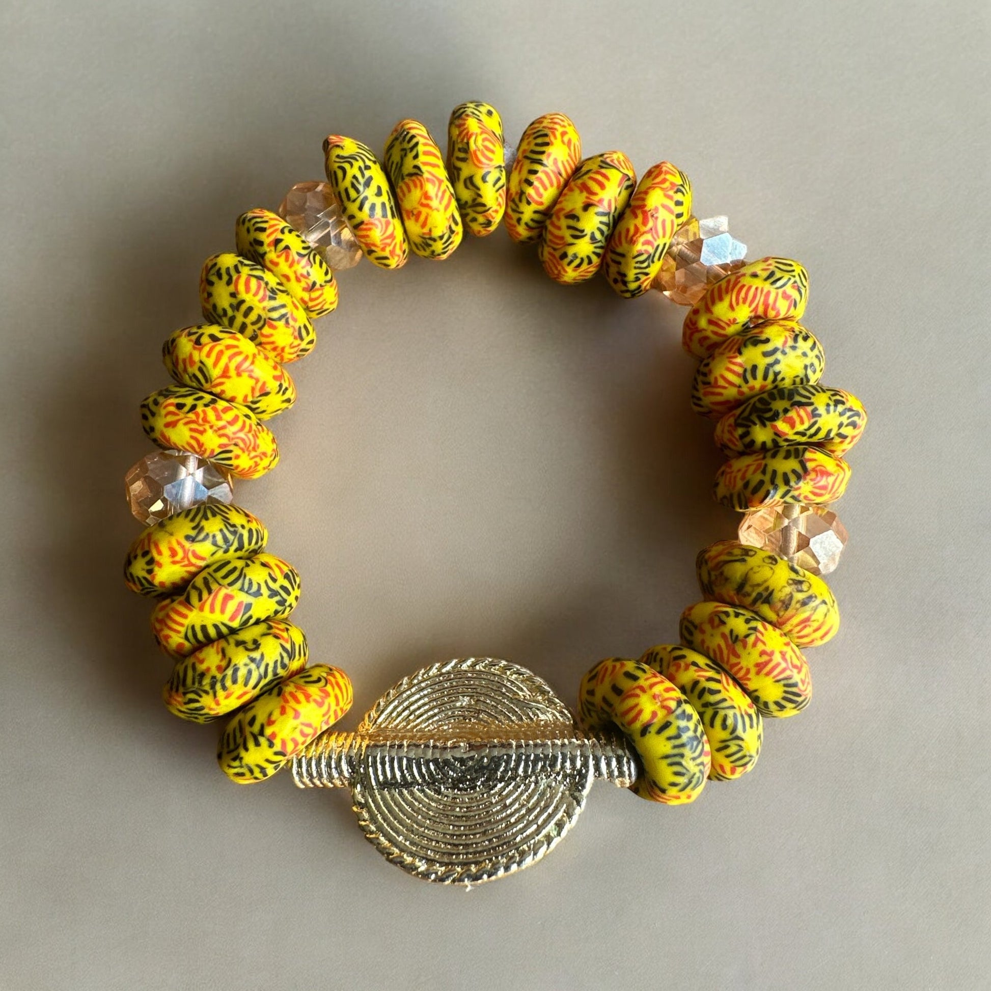 Yellow Krobo Beads Brass Ethnic Bracelet - Fatisha Boutique