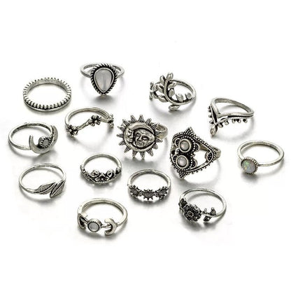 Bohemian 14 - Piece Silver Retro Statement Rings Set – Vintage Fashion Jewellery - Fatisha Boutique