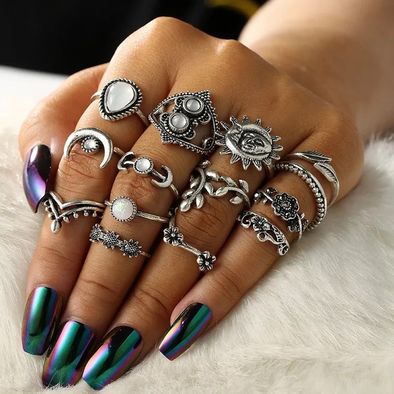Bohemian 14 - Piece Silver Retro Statement Rings Set – Vintage Fashion Jewellery - Fatisha Boutique