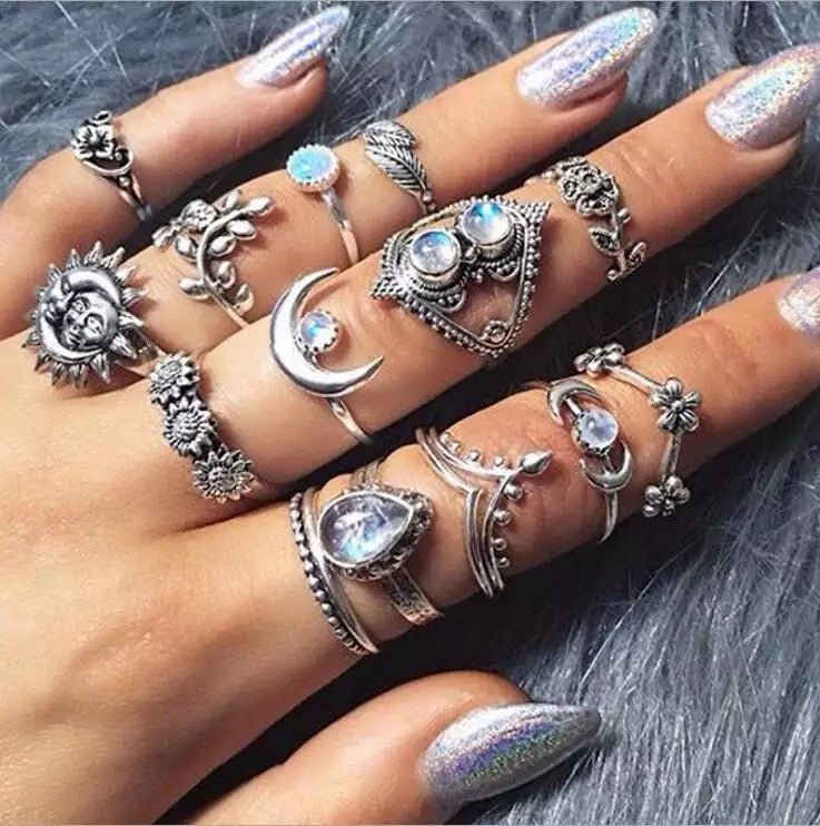 Bohemian 14 - Piece Silver Retro Statement Rings Set – Vintage Fashion Jewellery - Fatisha Boutique