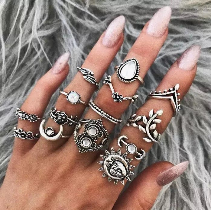 Bohemian 14 - Piece Silver Retro Statement Rings Set – Vintage Fashion Jewellery - Fatisha Boutique
