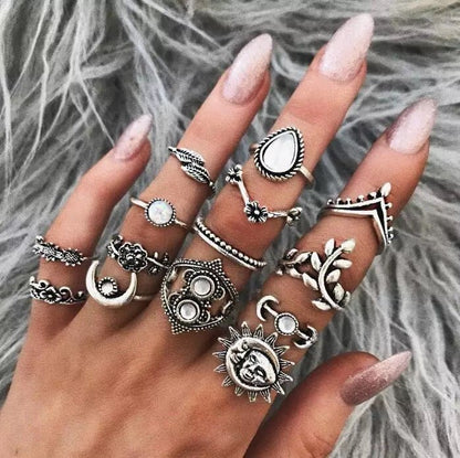 Bohemian 14 - Piece Silver Retro Statement Rings Set – Vintage Fashion Jewellery - Fatisha Boutique