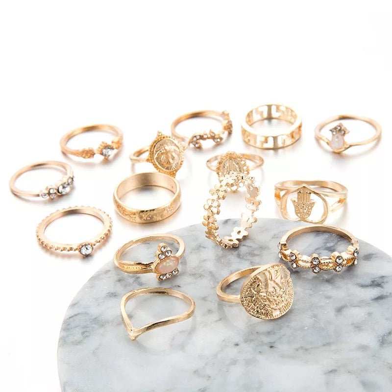 Bohemian 15 Pieces 18k Gold Plated Rhinestone Retro Statement Rings Set - Fatisha Boutique
