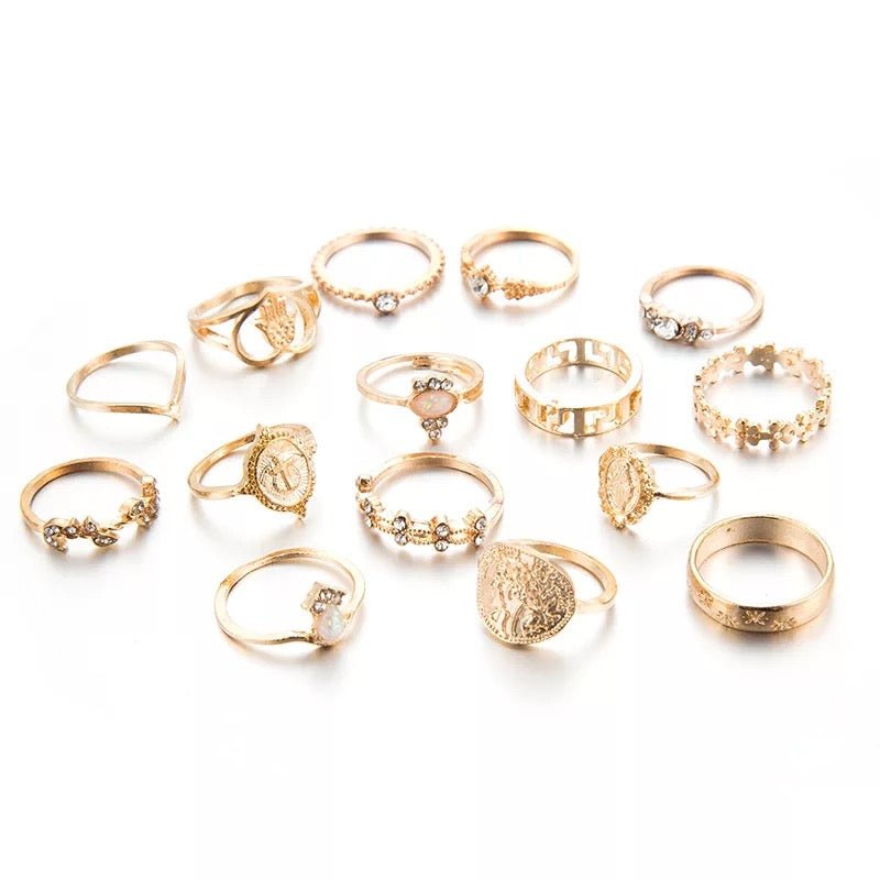 Bohemian 15 Pieces 18k Gold Plated Rhinestone Retro Statement Rings Set - Fatisha Boutique