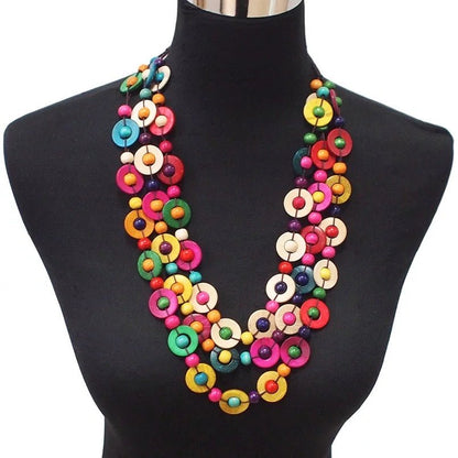 Bohemian Ethnic Multicolour Coconut Shell Necklace – Handmade Layered Statement Jewellery - Fatisha Boutique