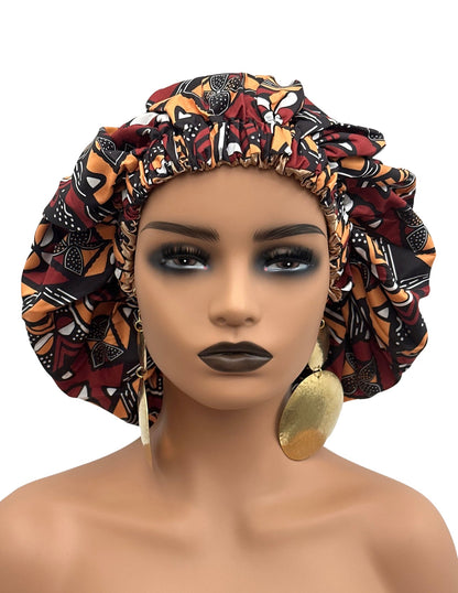 Double Layered Ankara Pattern Satin Silk Revisable Bonnet Cap - Fatisha Boutique