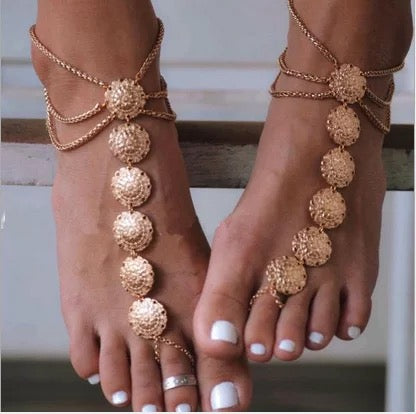 Multi Layered Metal Disc Beach Barefoot Sandals Tassel Toe Anklet Bracelets