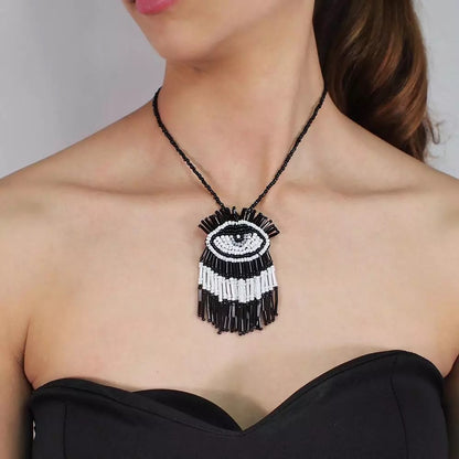 Tribal Ethnic Style Beaded Eye Tassel Pendant Disc Necklace