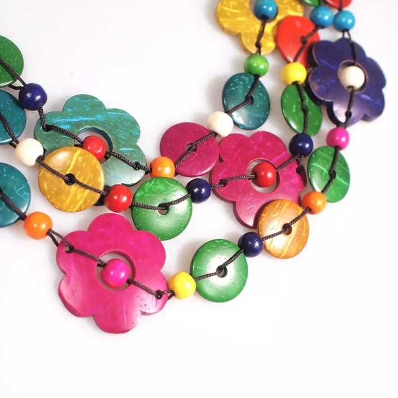Multicolour Bohemian Ethnic Coconut Shells Beaded Flowers Necklace